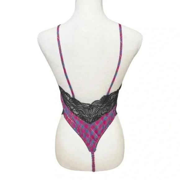 Vintage 1980s Victoria’s Secret Lace & Plaid Thong Teddy Bodysuit - Picture 6 of 10